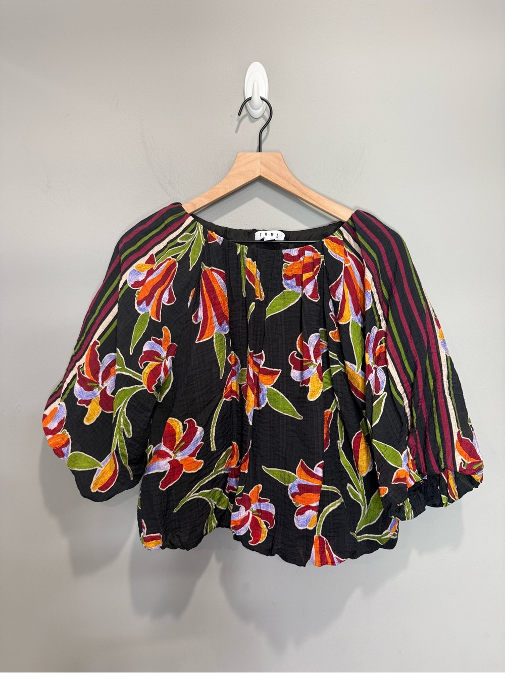 THML Black Floral Puff Sleeve Blouse Striped Trim Size L